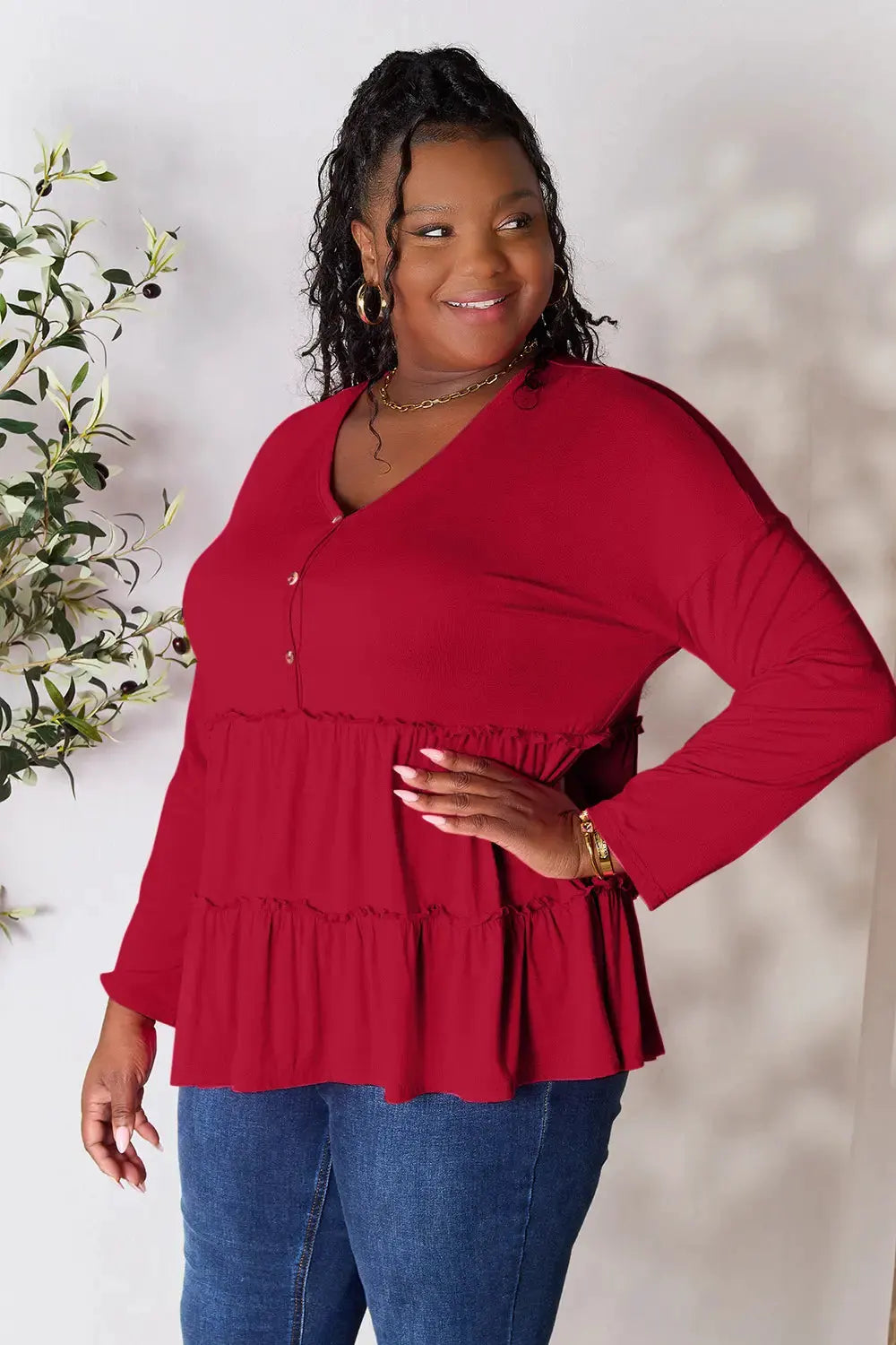 Double Take Half Button Long Sleeve Ruffle Hem Blouse by Double Take