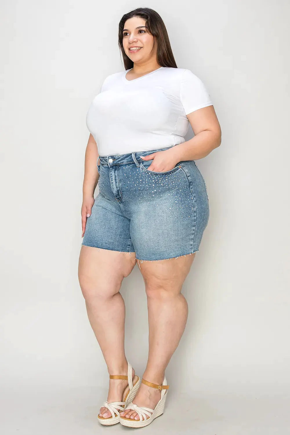 Judy Blue Full Size High Waist Rhinestone Decor Denim Shorts by Judy Blue