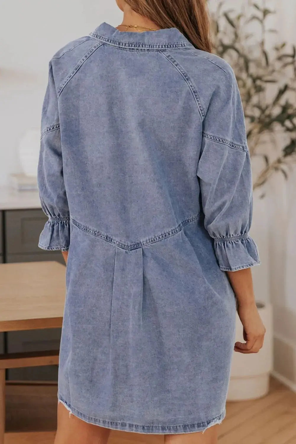 Distressed Collared Neck Flounce Sleeve Denim Dress by Partner Label