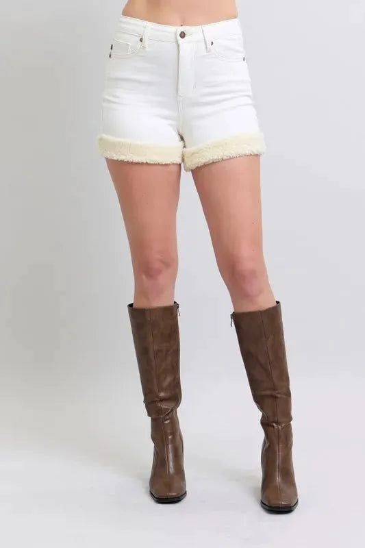 Judy Blue Full Size High Waist Shearling Cuff Denim Shorts Plus Size by Judy Blue