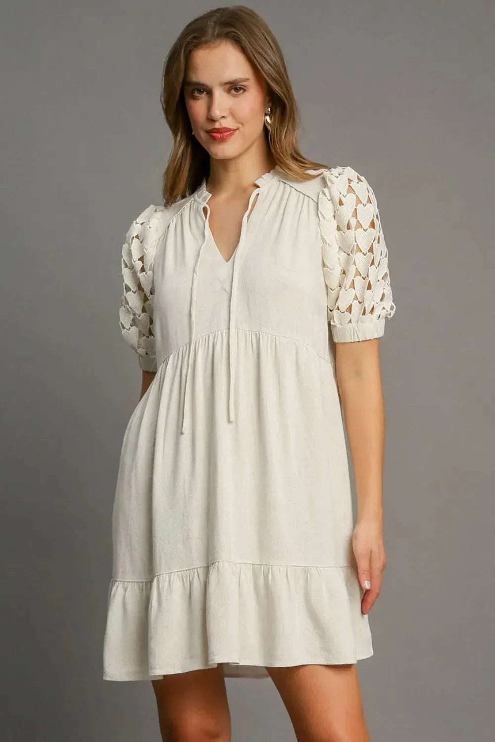 Umgee Full Size Ruffled Hem Heart Lace Sleeve Tie Neck Dress Plus Size by Umgee