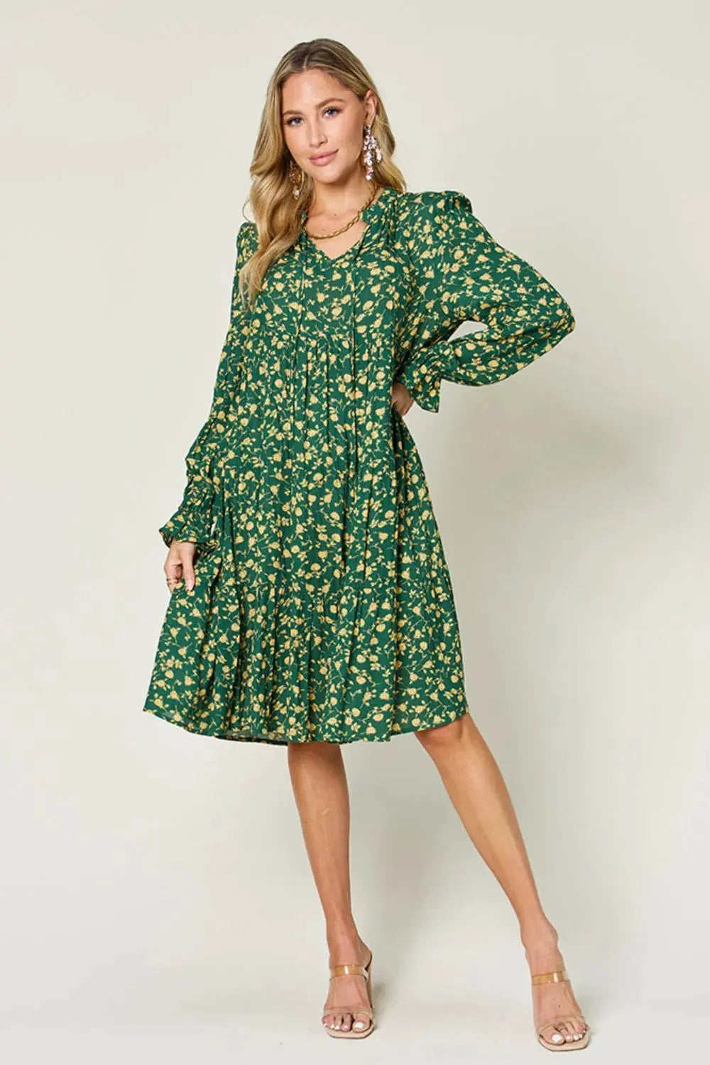 Double Take Full Size Printed Ruffle Hem Long Sleeve Tiered Dress by Double Take
