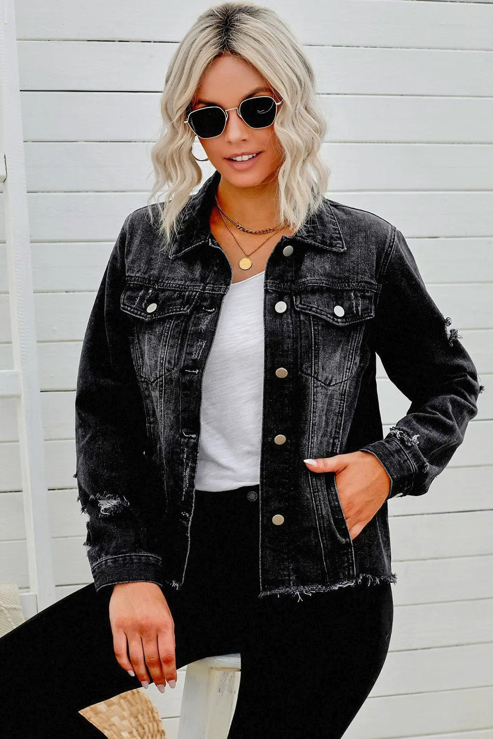 Distressed Raw Hem Buttons Denim Jacket by Partner Label