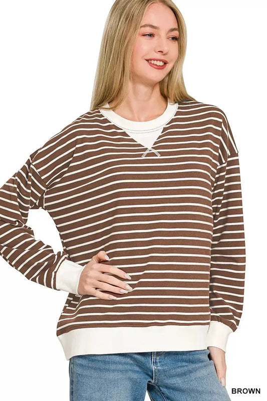 Zenana Contrast Striped Round Neck Sweatshirt by Zenana
