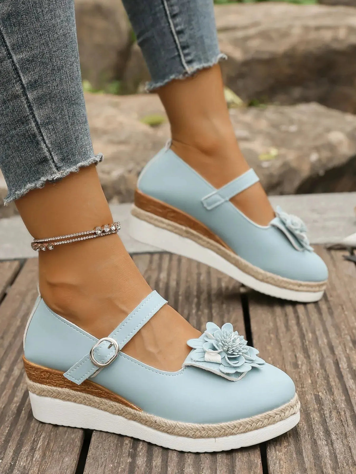 Flower Embellished Mary Jane Loafers by Partner Label
