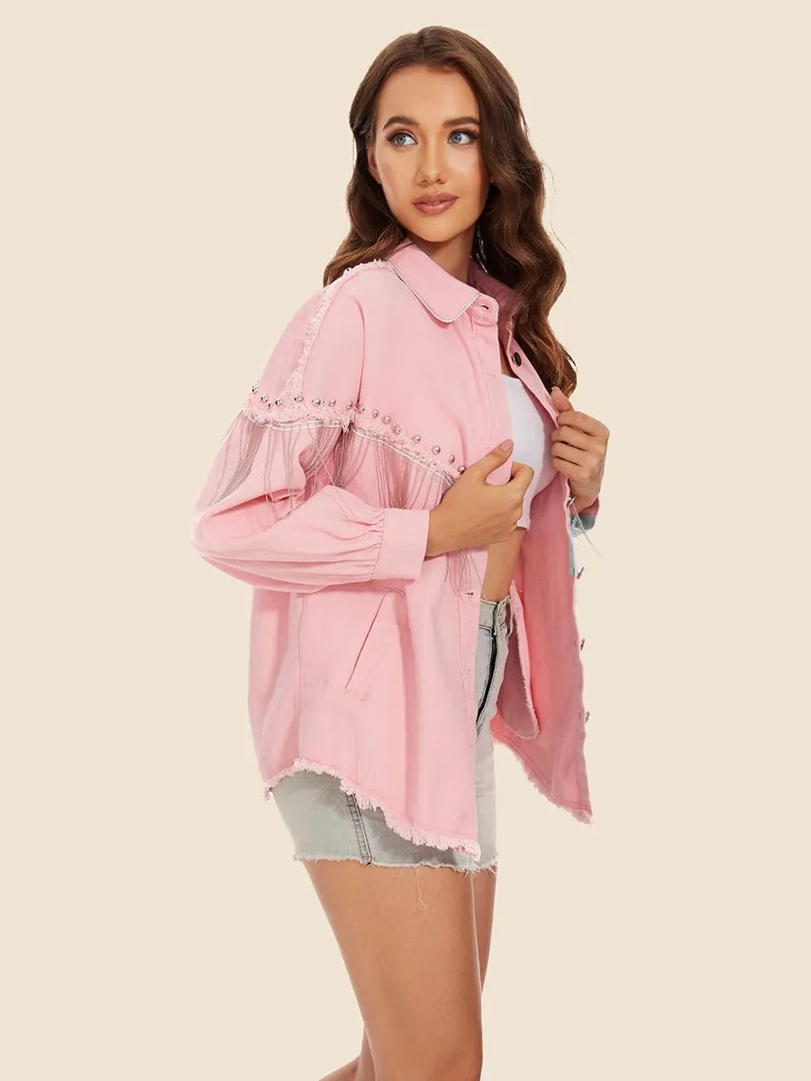 Raw Hem Fringe Detail Denim Jacket by Partner Label