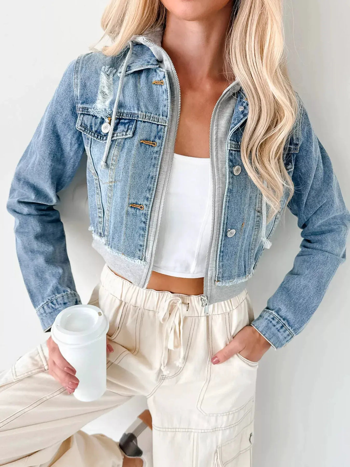 Distressed Zip Up Cropped Hooded Denim Jacket by Partner Label