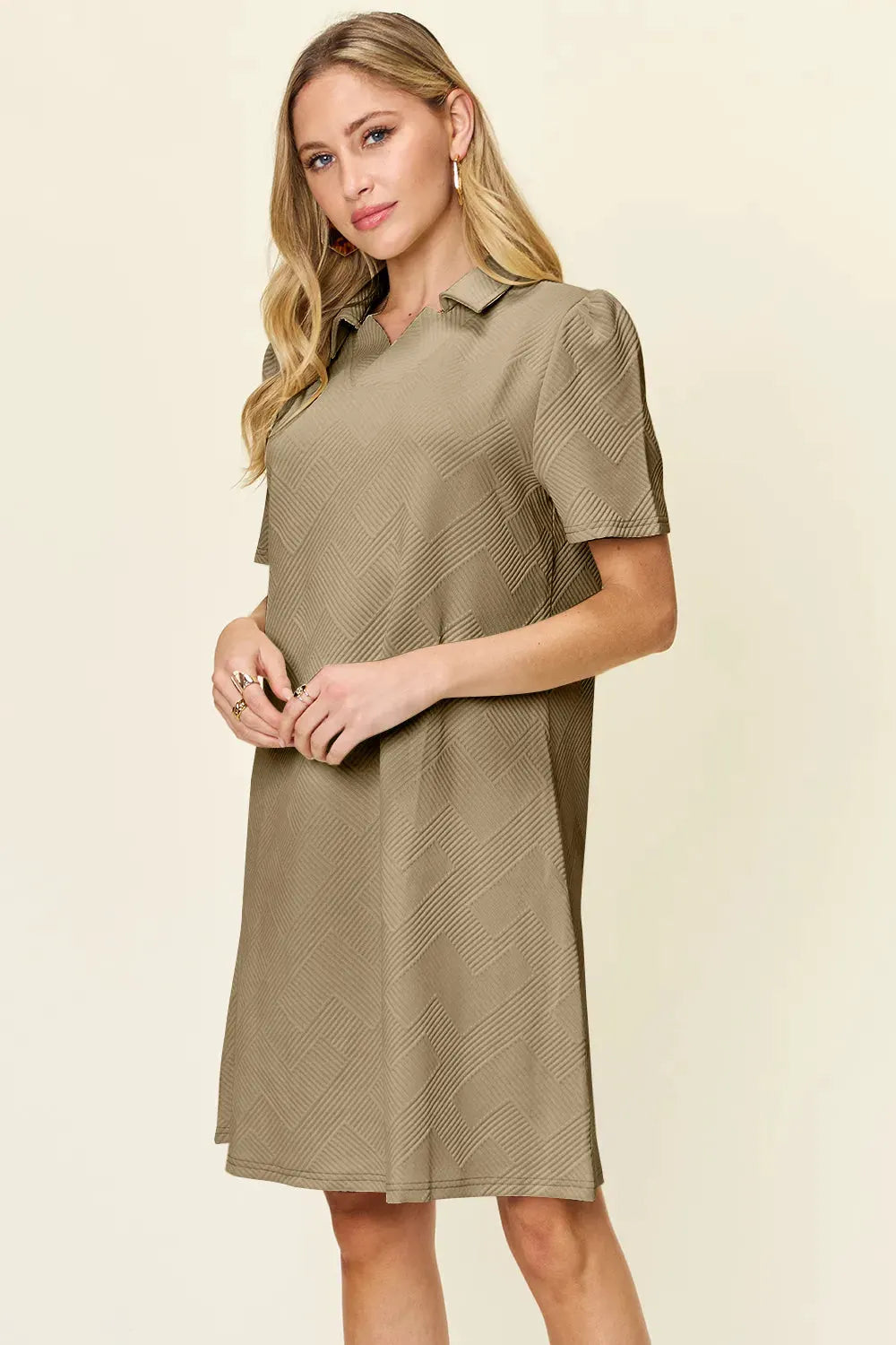 Double Take Full Size Texture Collared Neck Short Sleeve Dress by Double Take