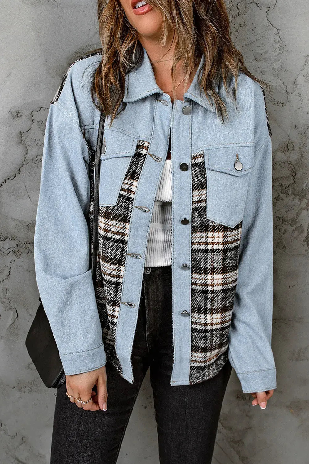 Plaid Pocketed Button Up Denim Jacket by Partner Label