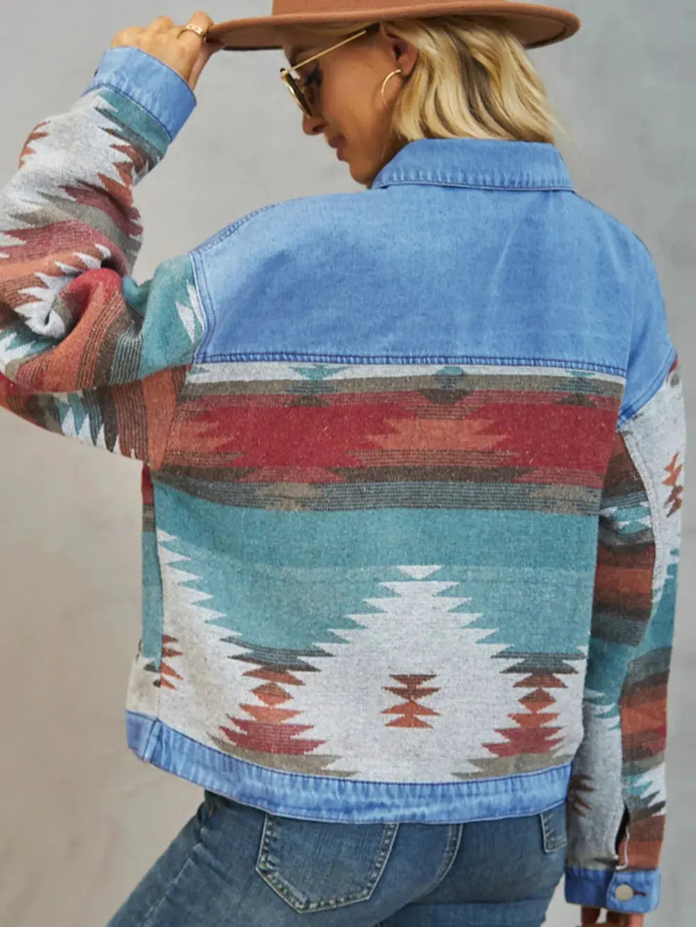 Geometric Button Up Dropped Shoulder Denim Jacket by Partner Label