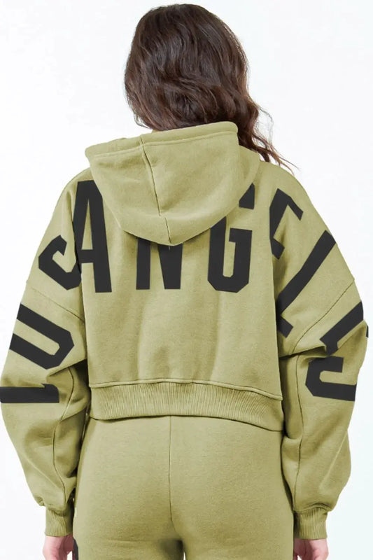 American Bazi Letter Graphic Long Sleeve Drawstring Cropped Hoodie by American Bazi