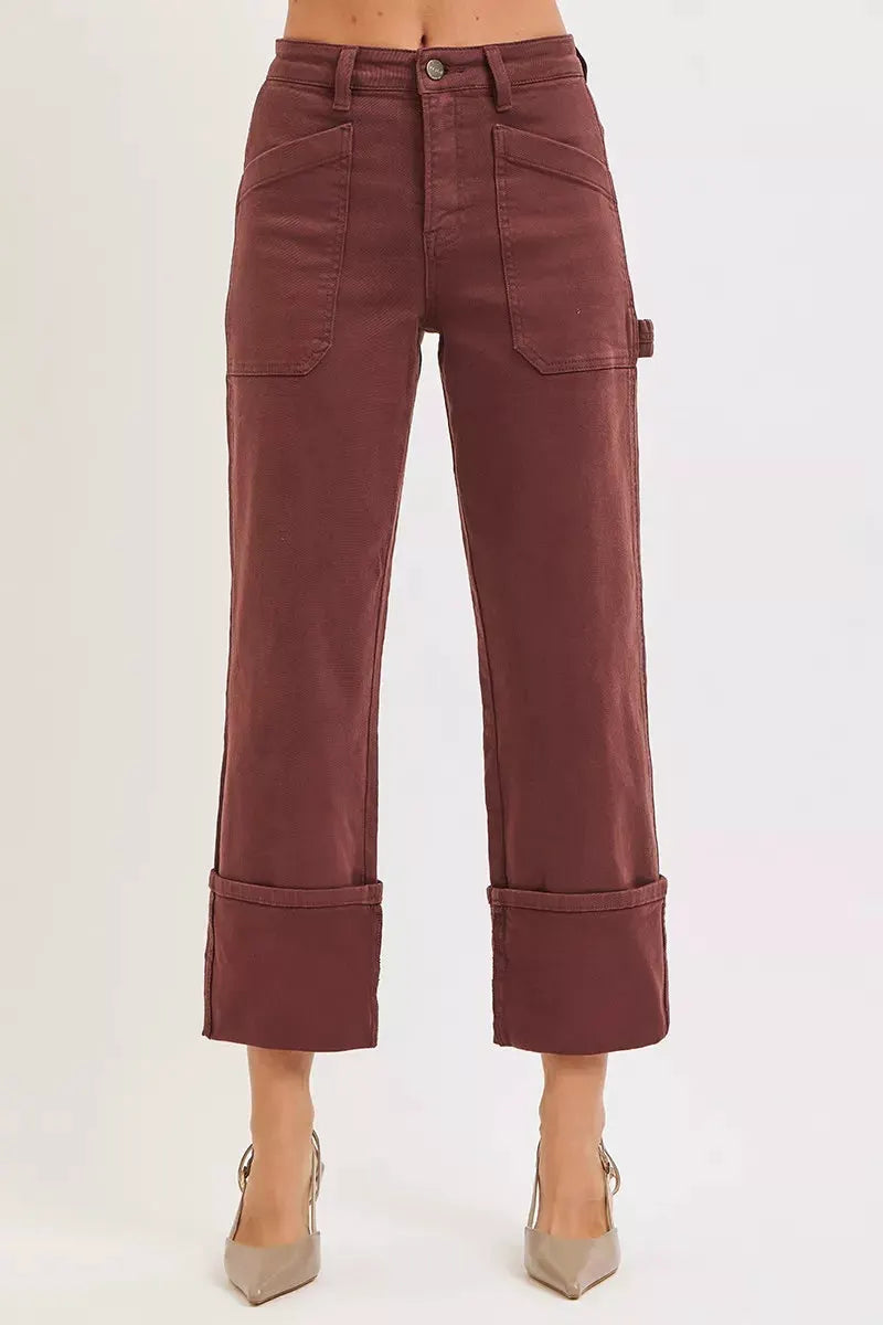 RISEN Full Size High Rise Wide Straight Cuffed Patch Jeans Plus Size by RISEN