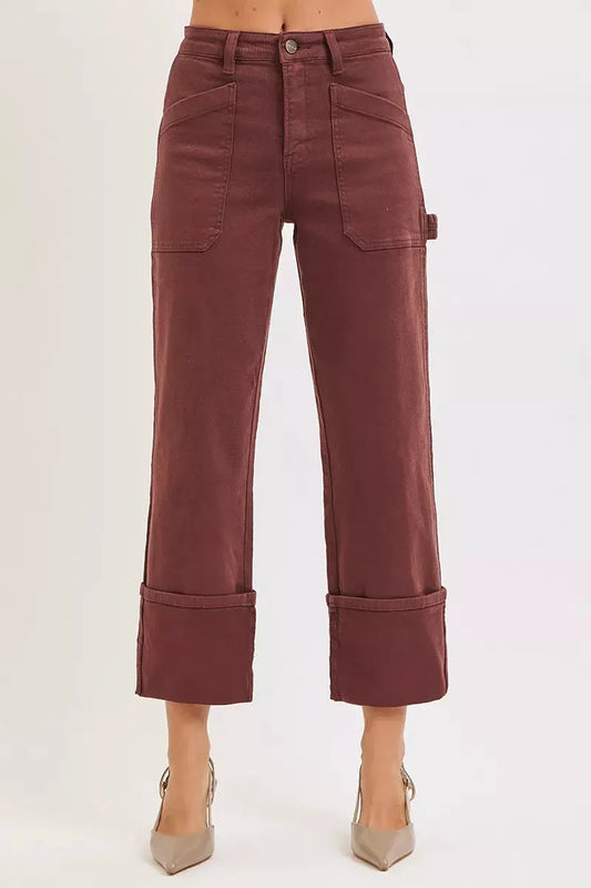 RISEN Full Size High Rise Wide Straight Cuffed Patch Jeans Plus Size by RISEN