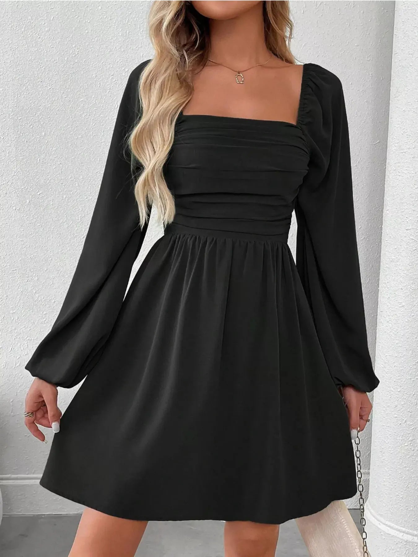 Ruched Square Neck Long Sleeve A-Line Dress by Partner Label