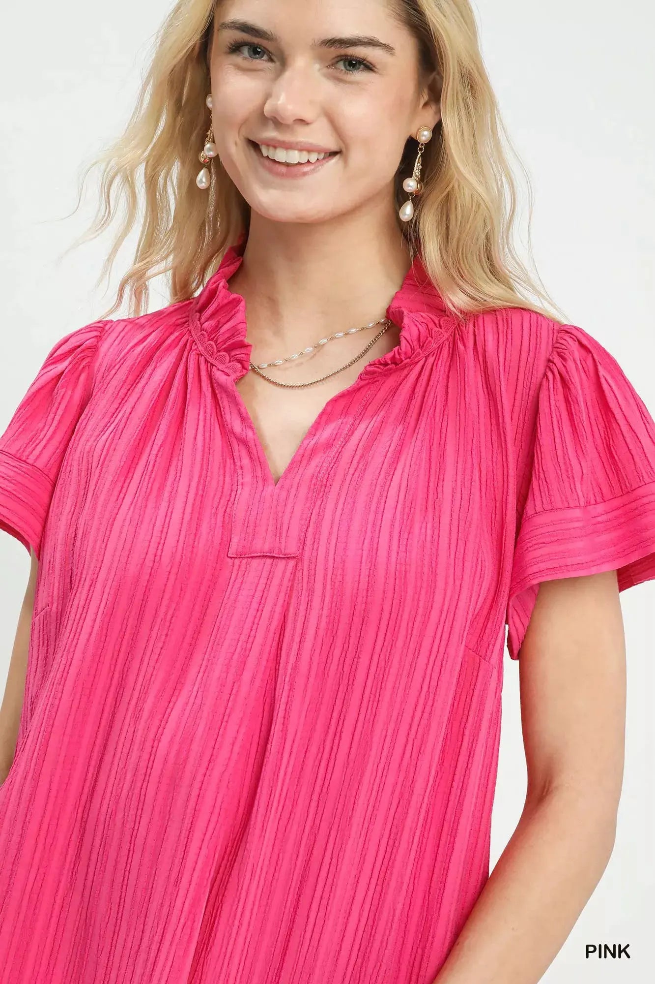 Umgee Texture Flutter Sleeve Notched Blouse by Umgee
