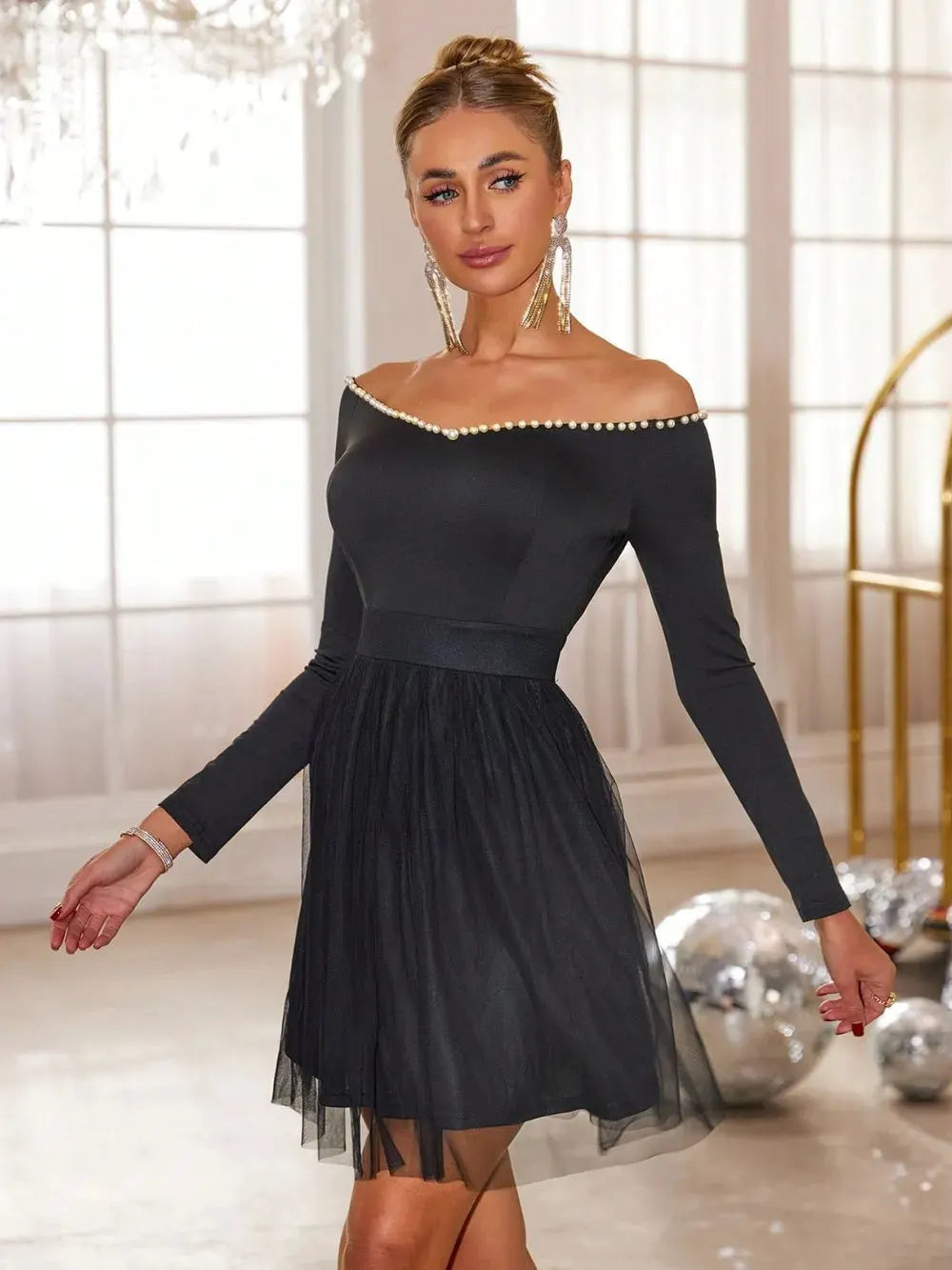 Pearl Trim Mesh Hem Off Shoulder Dress by Partner Label