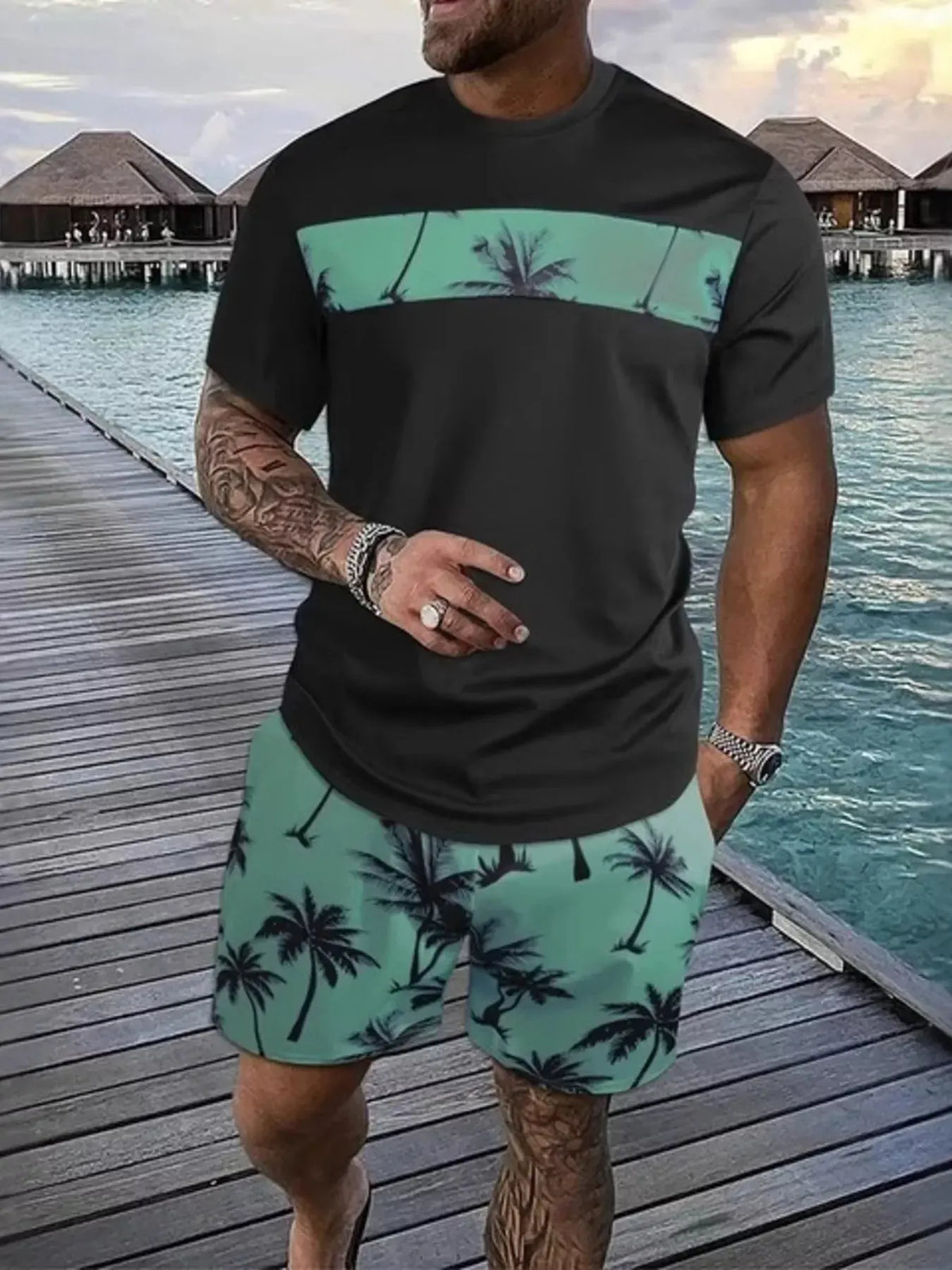 Men's Full Size Tropical Palm Tree Tee and Shorts Set Plus Size by Partner Label