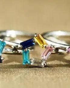 925 Rectangular Birthstone Ring Female Simple Fashion 3-6 Diamond Color Optional Customization by Maiden-Art