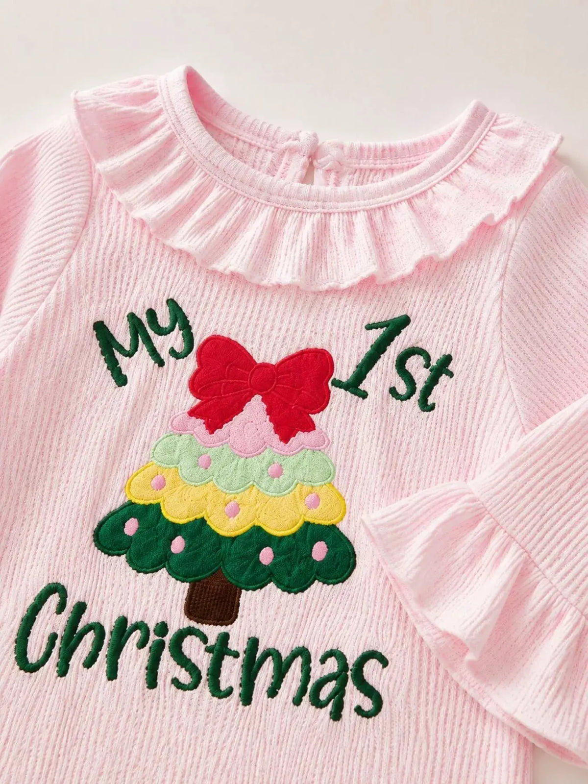 Children's 'My 1st Christmas' Ribbed Ruffle Jumpsuit and Headband Set by Trendsi