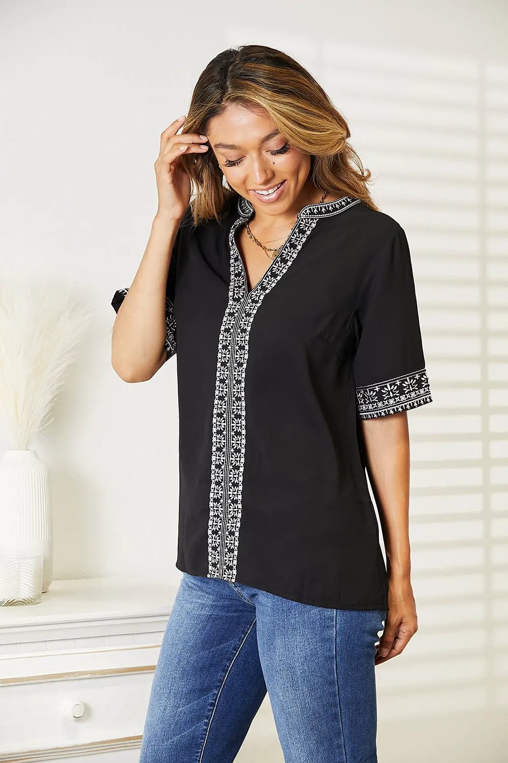 Double Take Embroidered Notched Neck Top by Partner Label