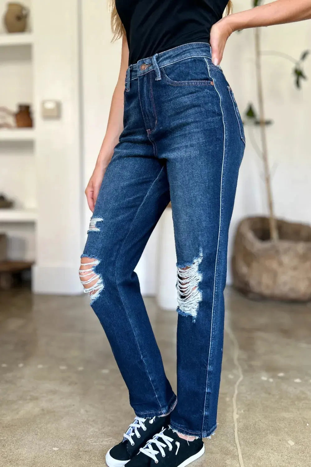 Judy Blue Full Size High Waist Rigid Magic Heavy Destroy Straight Jeans by Judy Blue