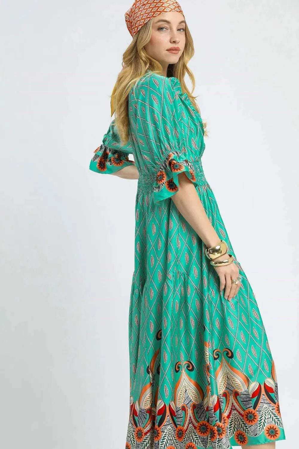 Umgee Printed Smocked Waist Flounce Sleeve Midi Dress by Umgee USA