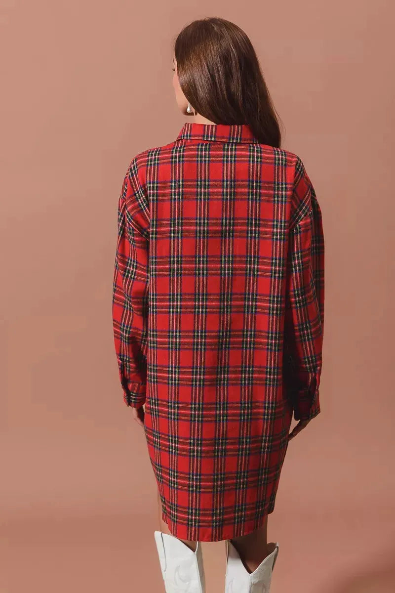 SO ME Christmas Checker Plaid Button Up Shirt Dress by SO ME