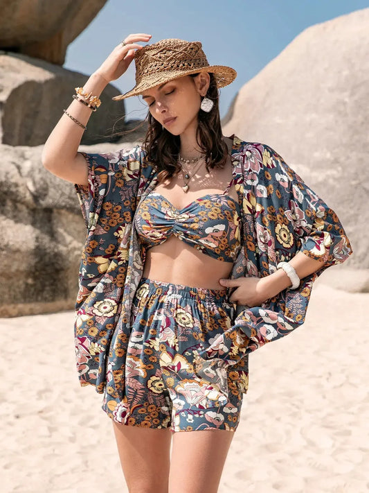 Printed Bra, Cover-Up and Shorts Set by Partner Label