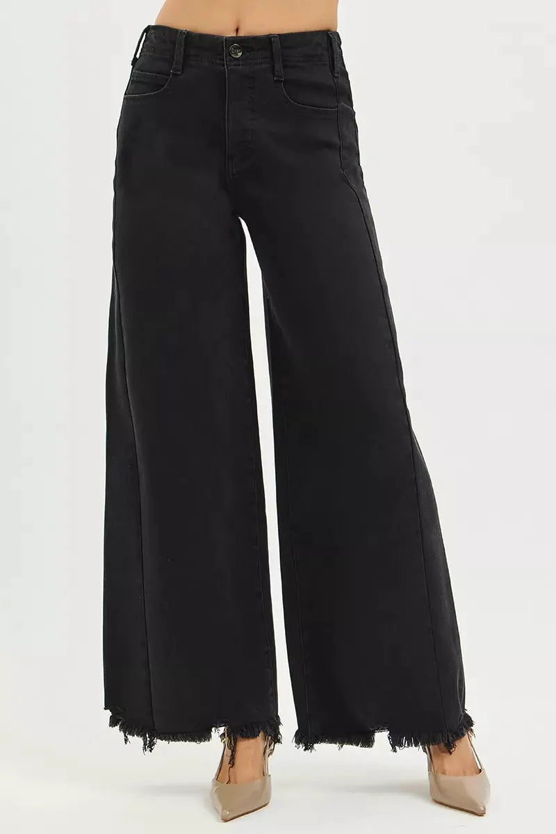 RISEN Tummy Control High Rise Palazzo Leg Frayed Hem Jeans by RISEN