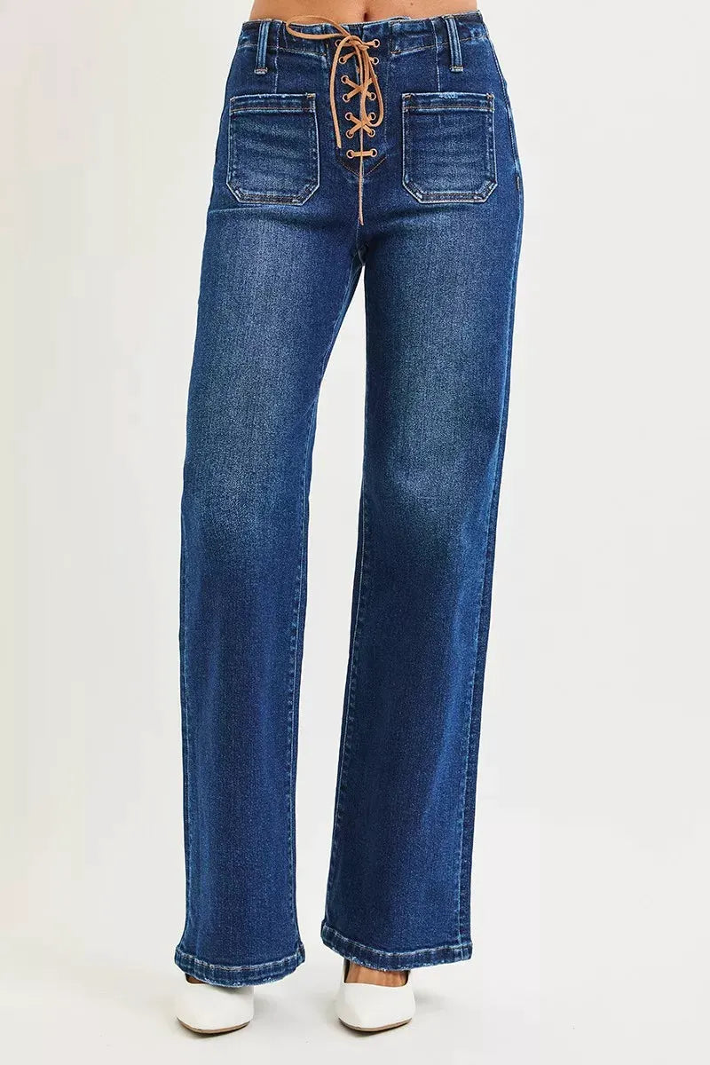 RISEN Full Size High Rise Wide Leg Jeans with Front Tie Detail Plus Size by RISEN
