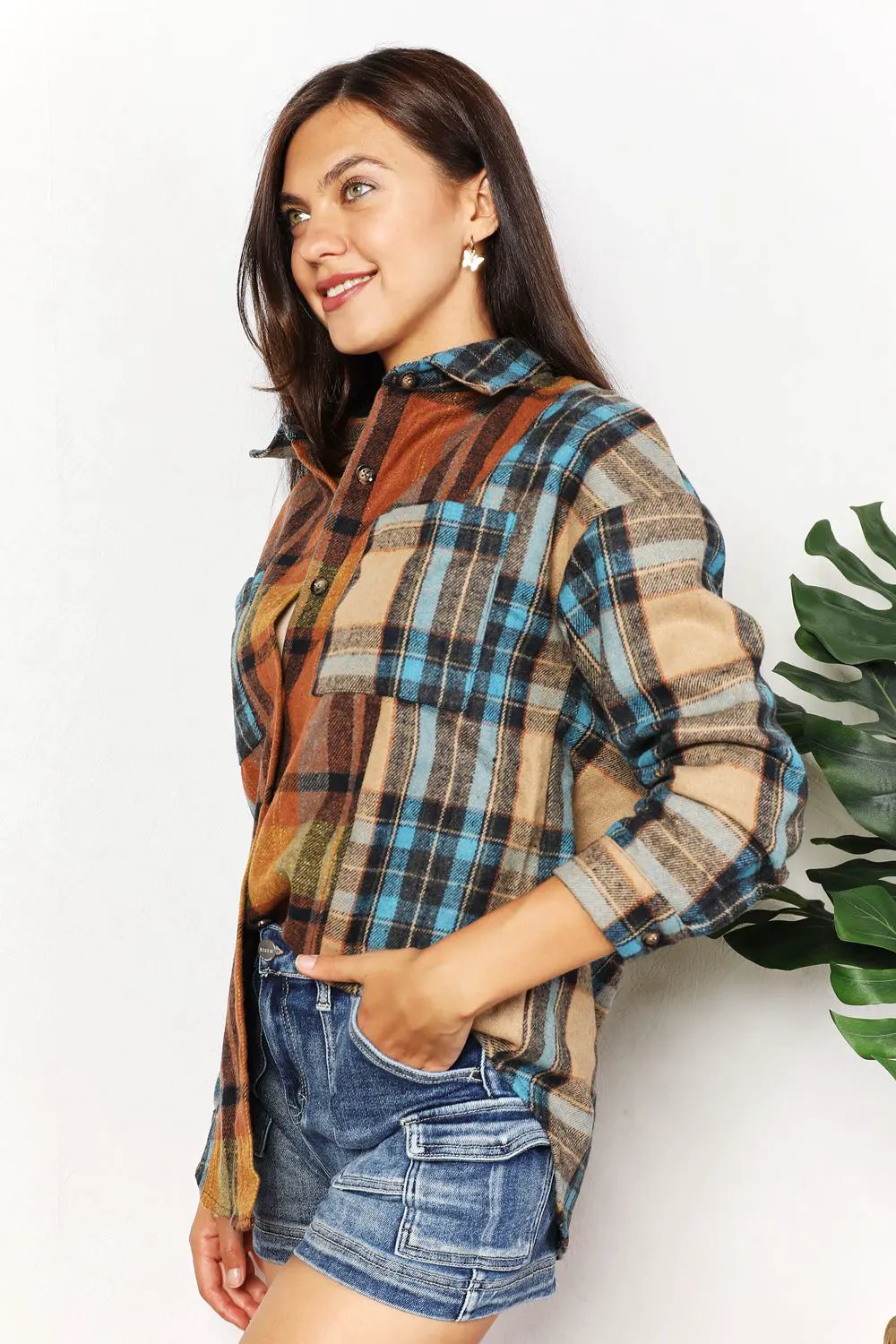 Double Take Plaid Curved Hem Shirt Jacket with Breast Pockets by Double Take