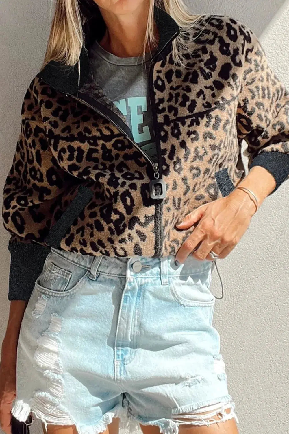 Leopard Zip Up Long Sleeve Jacket by Partner Label