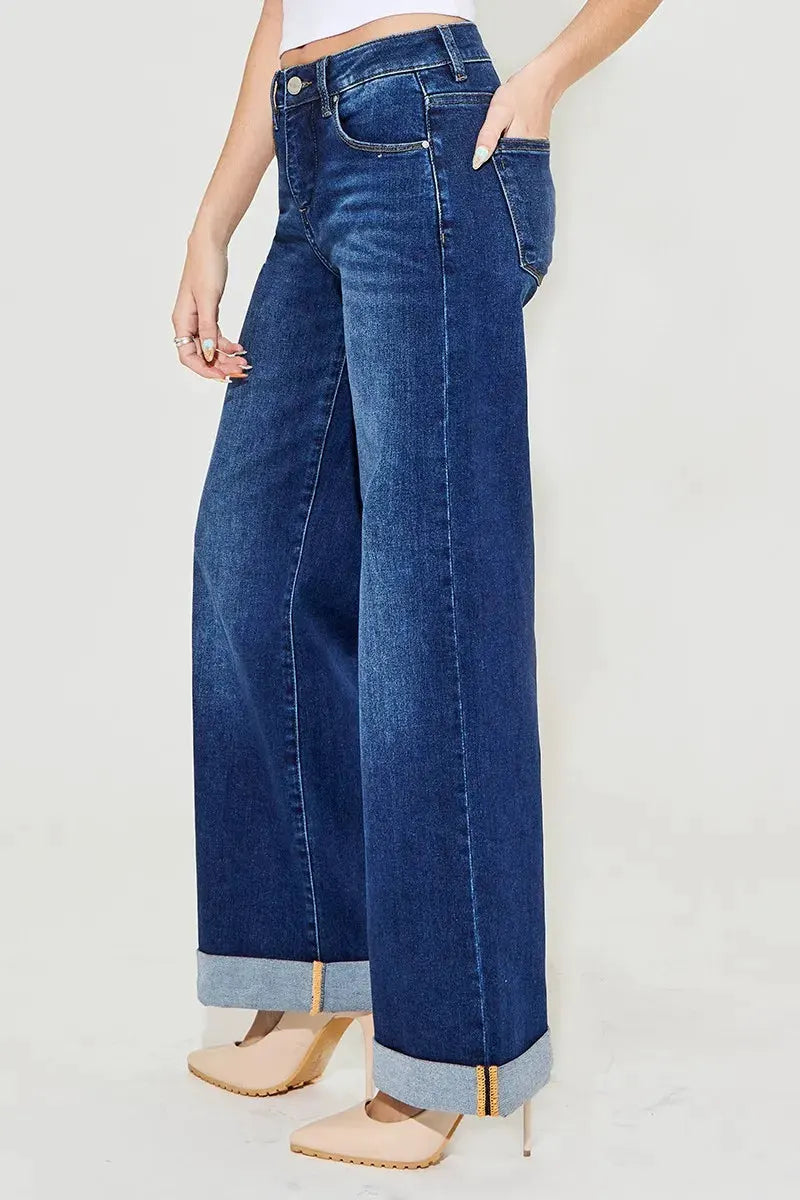 RISEN Full Size Tummy Control High Rise Wide Leg Cuffed Jeans Plus Size by RISEN