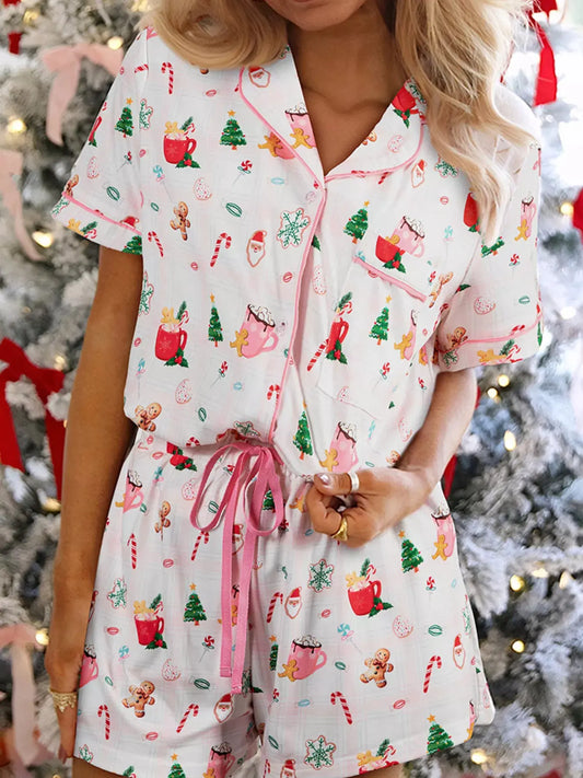 Christmas Print Button Up Top and Shorts Lounge Set by Partner Label