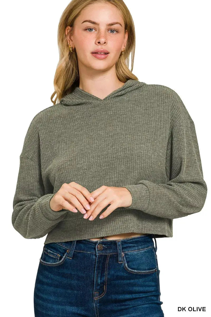 Zenana Drop Shoulder Ribbed Crop Hoodie by Zenana