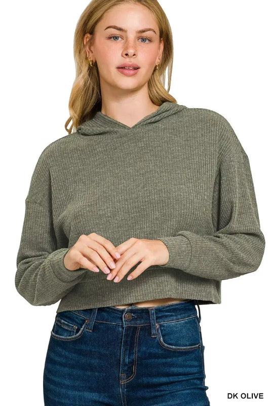 Zenana Drop Shoulder Ribbed Crop Hoodie by Zenana