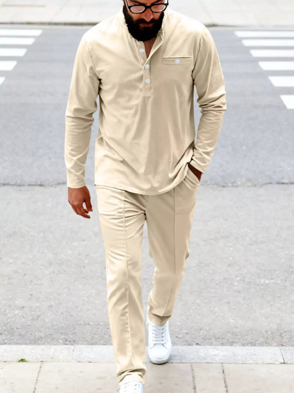 Men's Full Size Casual Long Sleeve Henley Top and Drawstring Joggers Set Plus Size by Trendsi