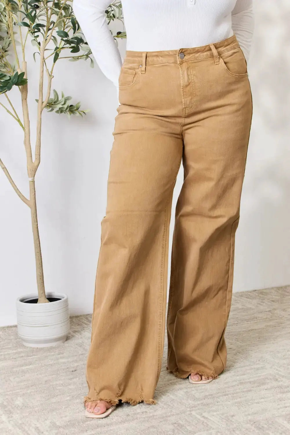 RISEN Full Size Fringe Hem Wide Leg Jeans by RISEN