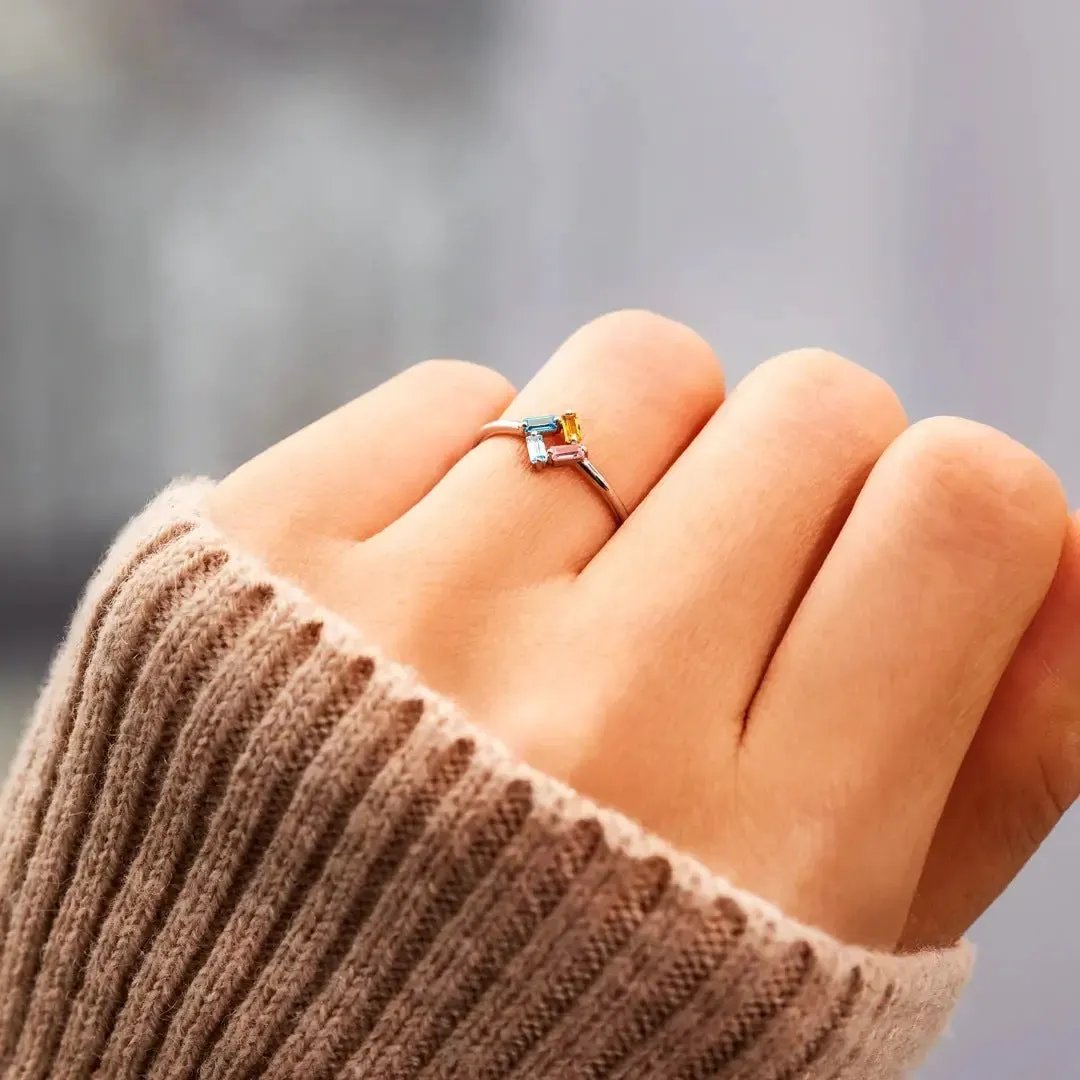 925 Rectangular Birthstone Ring Female Simple Fashion 3-6 Diamond Color Optional Customization by Maiden-Art