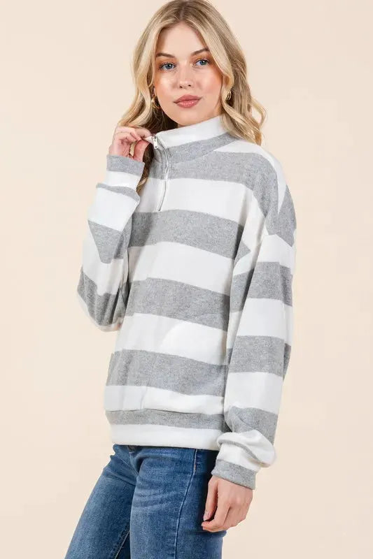 BOMBOM Striped Quarter Zip Drop Shoulder Sweatshirt by BOMBOM