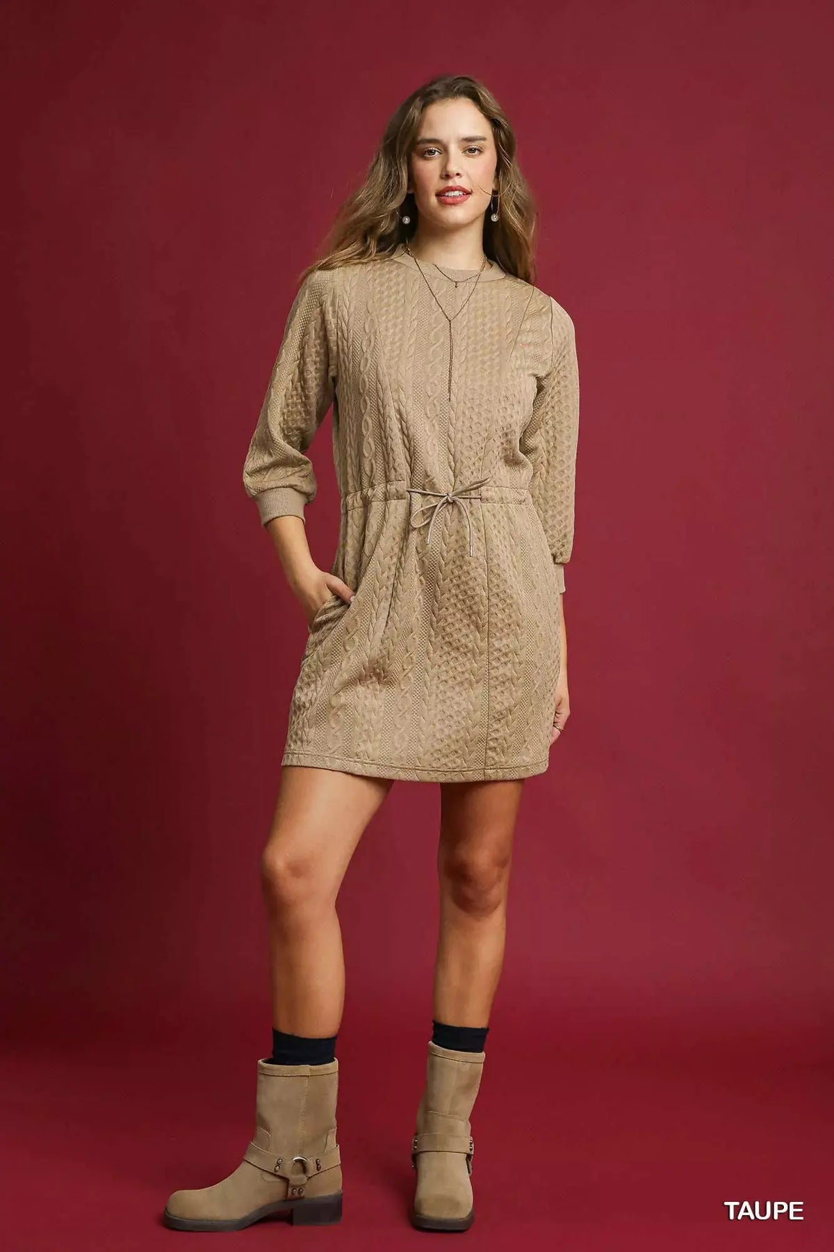Umgee Drawstring Cable Knit Mini Dress with Pockets by Umgee