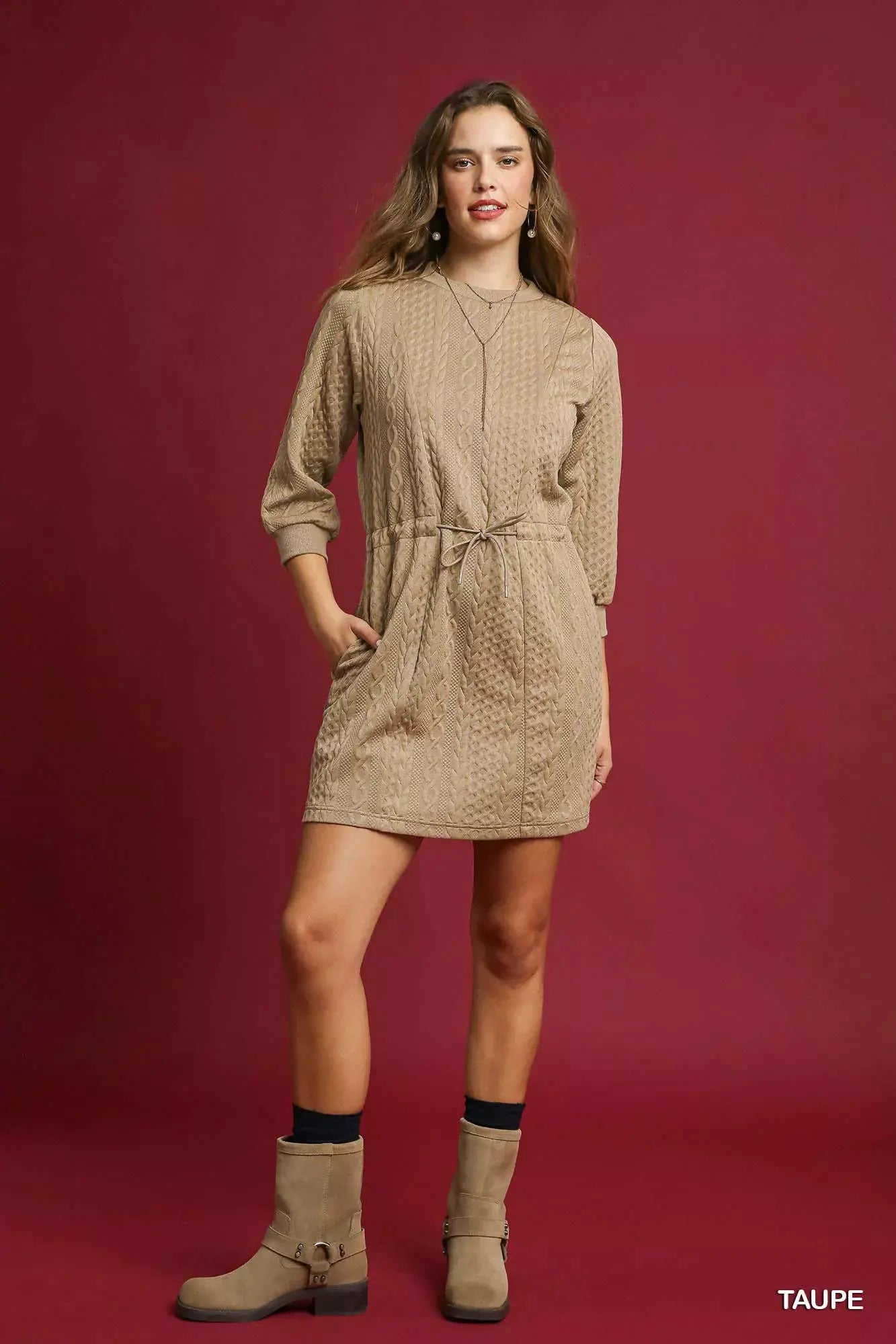 Umgee Drawstring Cable Knit Mini Dress with Pockets by Umgee