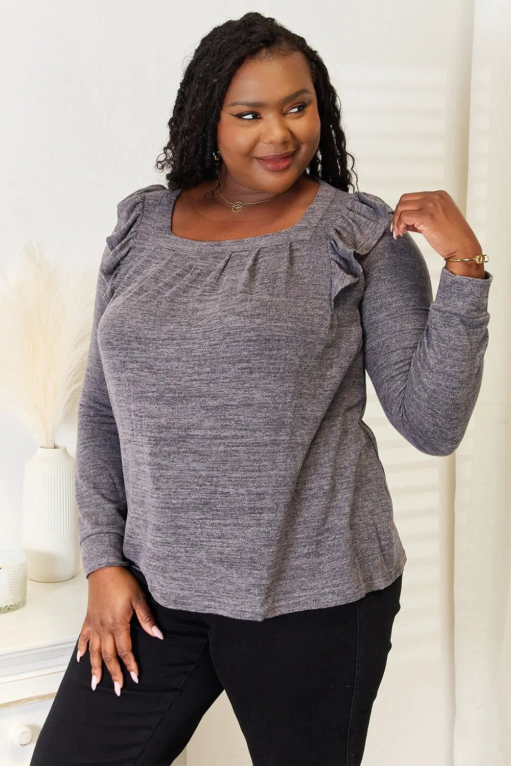 Double Take Square Neck Ruffle Shoulder Long Sleeve T-Shirt by Double Take