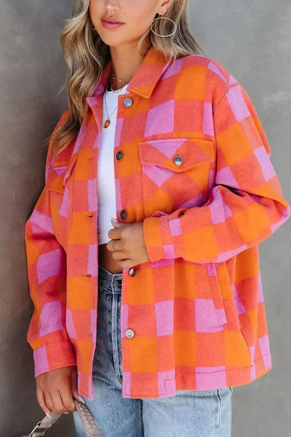 Plaid Collared Neck Button Up Jacket by Partner Label