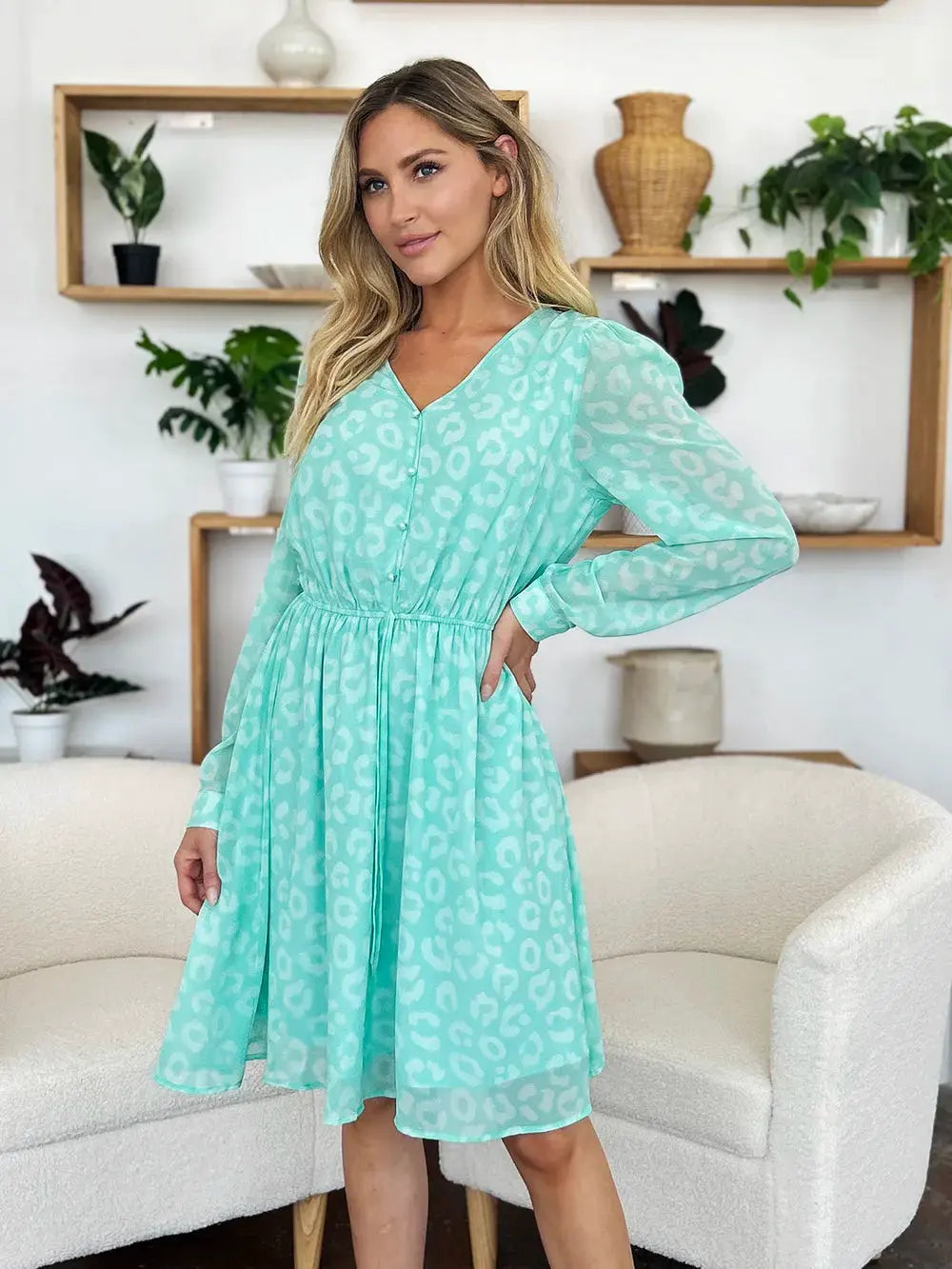 Double Take Full Size Printed Ruched V-Neck Long Sleeve Dress by Double Take