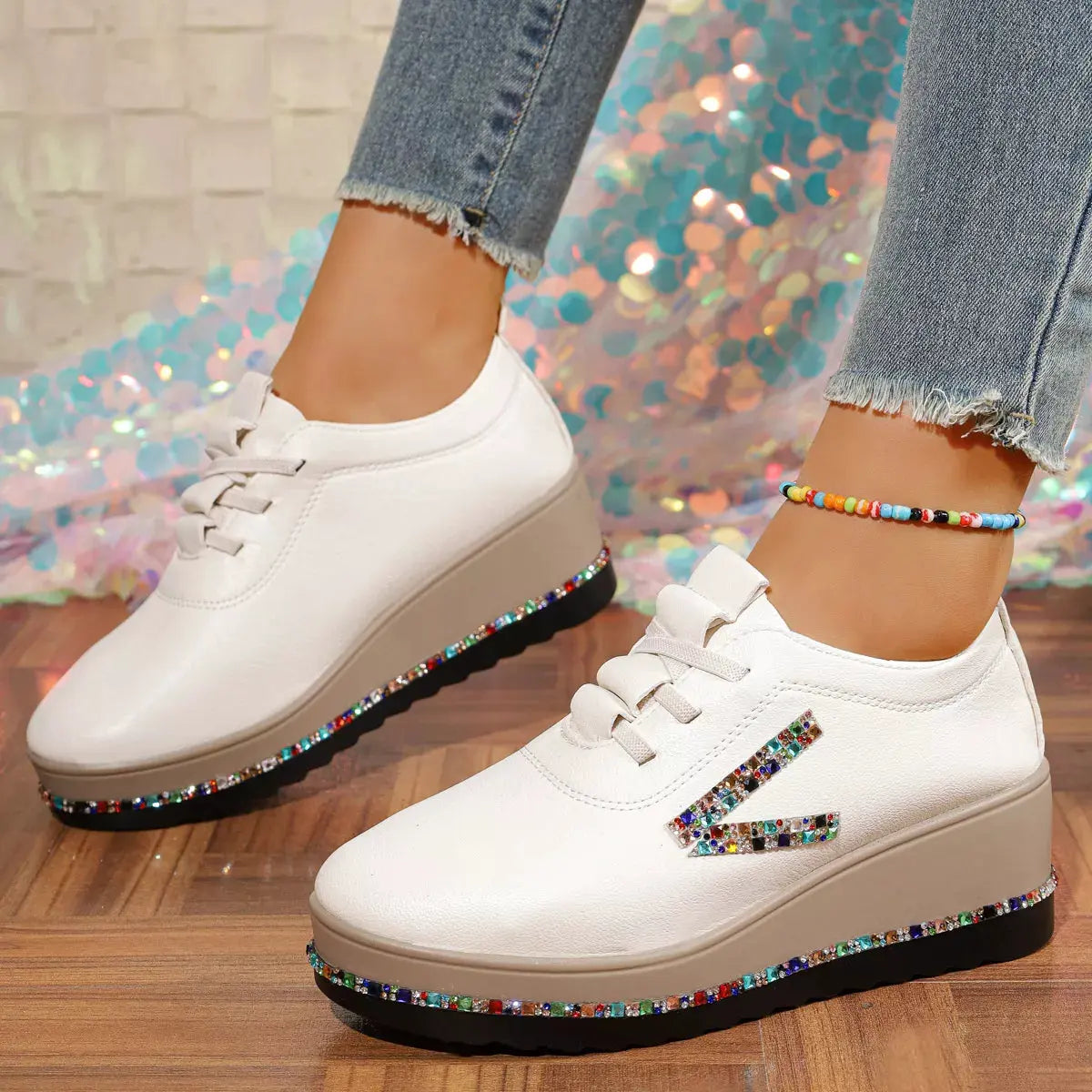 Rhinestone Round Toe Wedge Sneakers by Partner Label