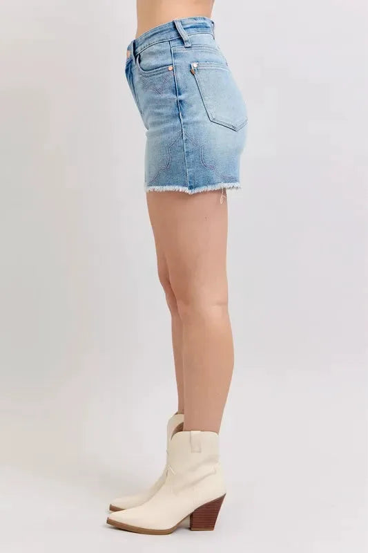 Judy Blue Full Size High Waist Western Embroidery Detail Cut Off Denim Shorts Plus Size by Judy Blue
