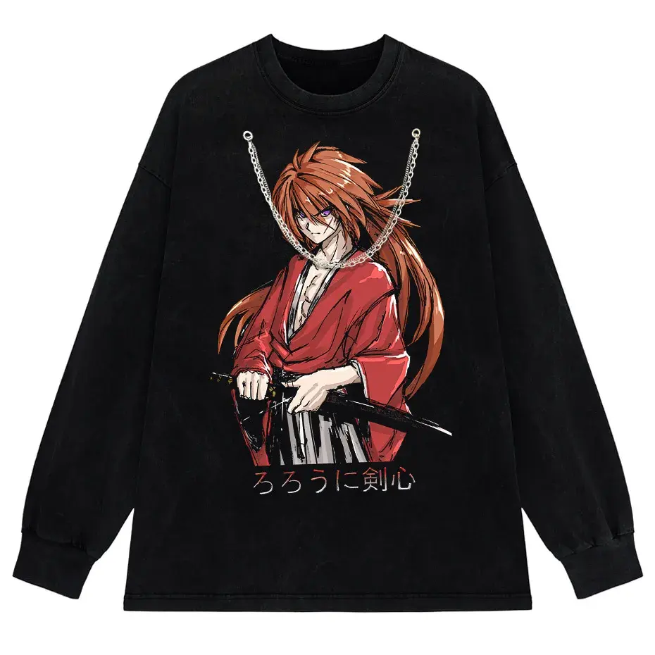 Rurouni Kenshin Washed Anime Graphic T-Shirt Men's Harajuku Streetwear Vintage Cotton Tee by Vimost Shop