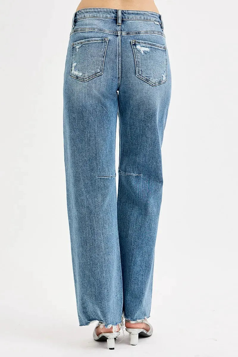 RISEN Full Size Mid Rise Fit Wide Baggy Leg Tie Washed Jeans Plus Size by RISEN