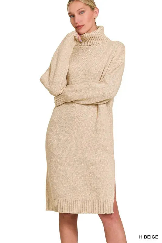 Zenana Turtle Neck Long Sleeve Midi Sweater Dress by Zenana
